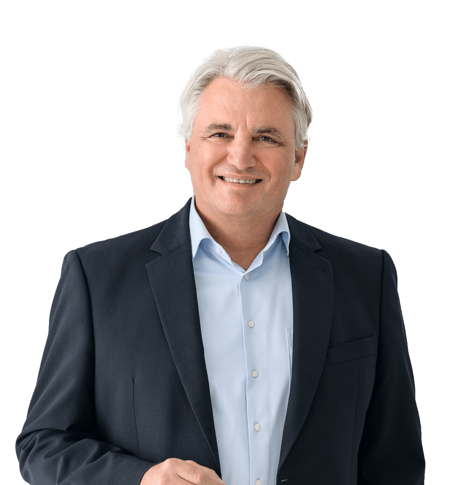 Armin Süsser Ds Portrait zeigt Armin Süsser, Mitglied der Geschäftsleitung bei Corivus. Er trägt ein hellblaues Hemd und ein dunkles Sakko. Er schaut sehr freundlich. Seine Haare sind grau und mittellang (bis zu den Ohren).