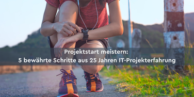Webinar Projektstart Zoom auf Frau, die kniet und für den Start vorbereitend ihre Uhr stellt. Davor der Schriftzug "Projektstart meistern"