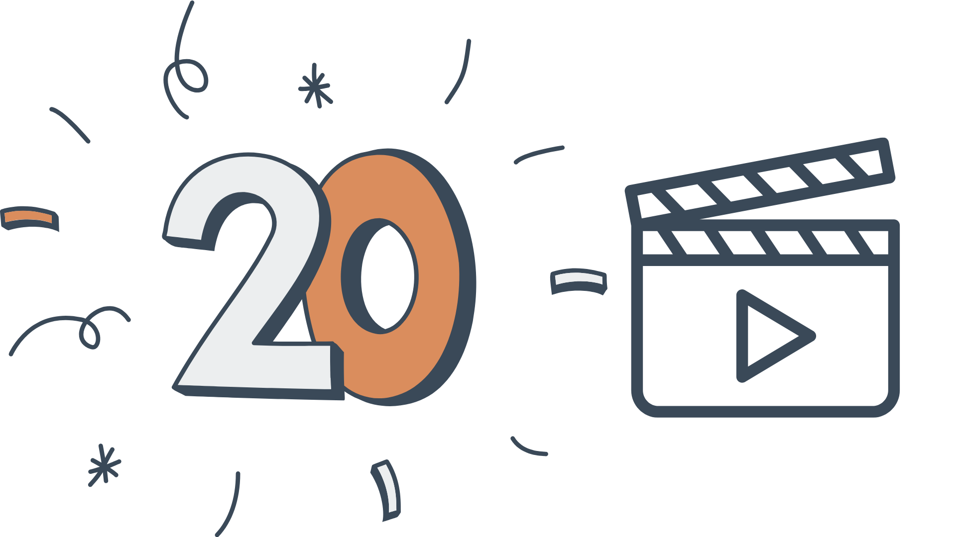 Illustration mit Zahl 20 und Filmklappe – Symbol für 20 Video-Impulse aus 20 Jahren Coivus Projektmanagement Geschichte
